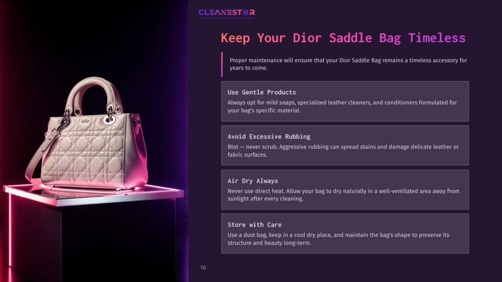 10 Keep Your Dior Saddle Bag Timeless A Stylish Dior Saddle Bag On A Pedestal With Soft Lighting, Featuring Tips For Maintenance And Cleaning Beside It In An Elegant Layout.