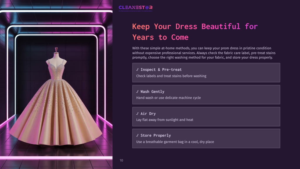 A Pink Prom Dress Hangs On A Mannequin In A Neon-Lit Display, Surrounded By Cleaning Tips And Steps For Home Care.