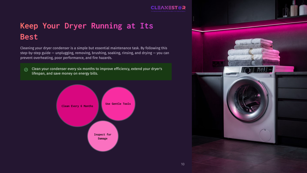 10 Keep Your Dryer Running At Its Best A Modern Laundry Room With A White Dryer And Stacked Towels, Featuring A Vibrant Purple Led Light And Text About Dryer Maintenance.