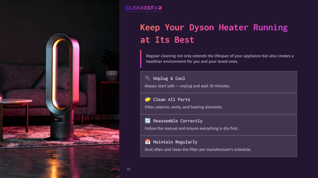 A Dyson Heater In A Modern Setting, With Instructions Beside It In A Purple Layout. Key Points Include Unplugging, Cleaning, And Maintenance Tips.