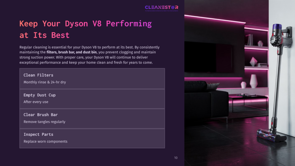 Dyson V8 Vacuum Cleaner With Attachments Stands Vertically In A Modern Living Room, Next To A Black Couch And A Large Television. Text Overlay: &Quot;Keep Your Dyson V8 Performing At Its Best.