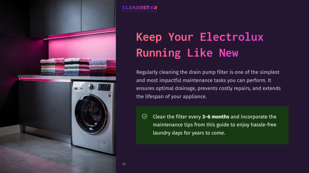 A Modern Laundry Room With A White Electrolux Washing Machine And Neatly Folded Colorful Towels On A Shelf, Illuminated By Pink Led Strip Lighting. Text Reads &Quot;Cleanestor&Quot; And &Quot;Keep Your Electrolux Running Like New.