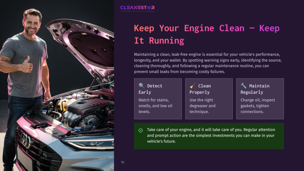 A Smiling Man In A Blue T-Shirt Gives A Thumbs-Up While Standing Next To An Open Car Engine. The Text &Quot;Cleanestor Keep Your Engine Clean - Keep It Running&Quot; Is Visible.