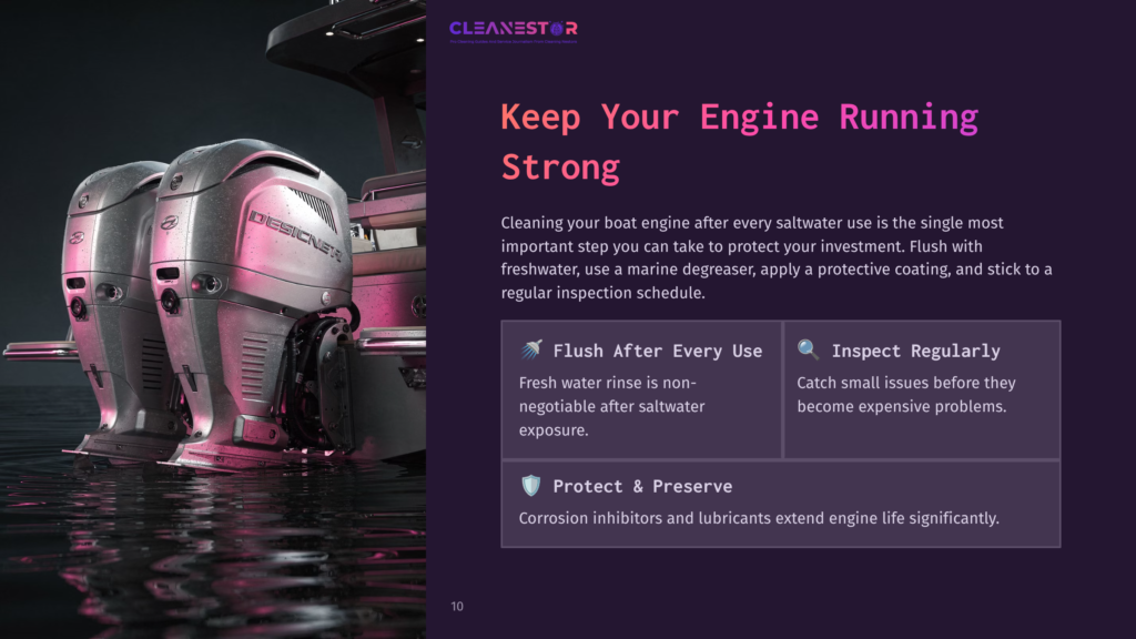 Two Powerful, Shiny Chrome Outboard Boat Engines, Branded &Quot;Designer,&Quot; Are Partially Submerged In Dark, Rippling Water. The Text &Quot;Cleanestor&Quot; Is Visible At The Top Of The Image.