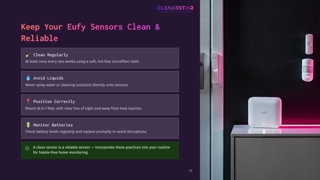 Eufy Sensors On A Shelf, With Text Overlaying The Left Side Of The Image Providing Cleaning And Maintenance Tips For Eufy Sensors, Including &Quot;Keep Your Eufy Sensors Clean &Amp; Reliable.