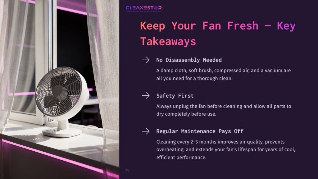 A Fan On A Windowsill Beside A Pink-Lit Wall, Accompanied By Takeaway Points On Cleaning And Maintenance In White And Purple Text.