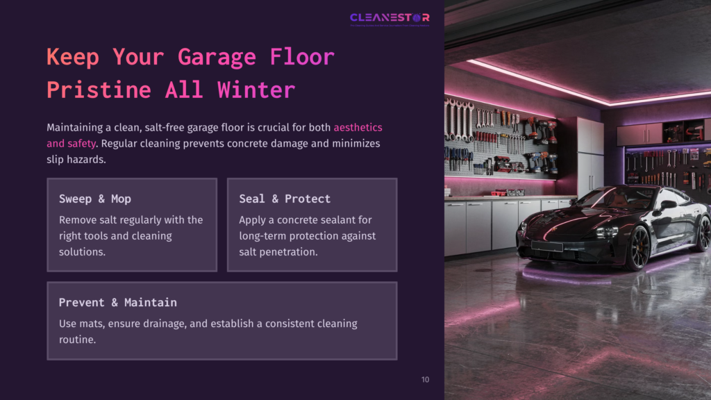 10 Keep Your Garage Floor Pristine All Winter A Sleek Garage With A Shiny Floor, A Luxury Car Parked Beside Well-Organized Tools And Neon Lighting, Highlighting Cleanliness.