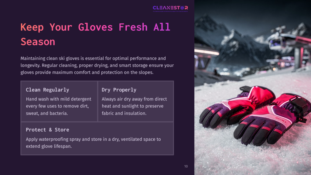 10 Keep Your Gloves Fresh All Season Bright Pink Ski Gloves Laid On Snow, With Mountainous Landscape In The Background. Text Highlights Tips For Maintaining Glove Cleanliness And Longevity.