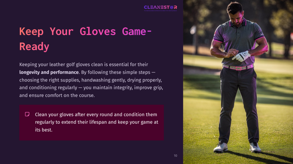 A Male Golfer In A Grey And Pink Polo Shirt And Dark Pants Adjusts His White Golf Glove On A Sunny Golf Course, With Text About Keeping Gloves Clean For Longevity And Performance.