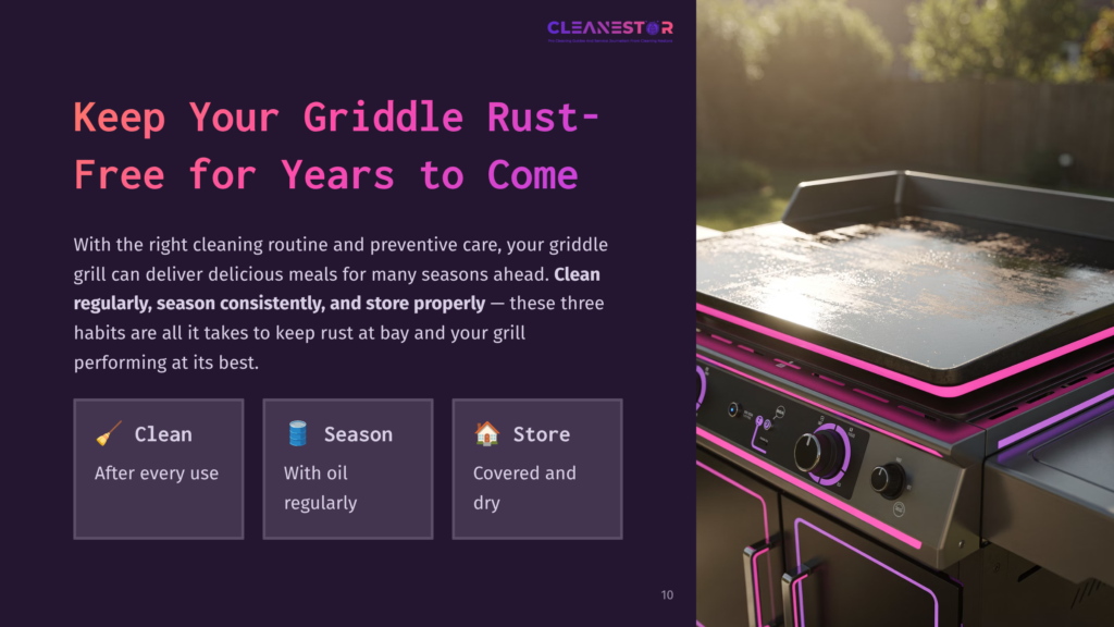 A Griddle Grill With A Shiny Cooking Surface, Purple Accents, And Control Knobs, Showcased Alongside Cleaning Tips In A Clean Layout.