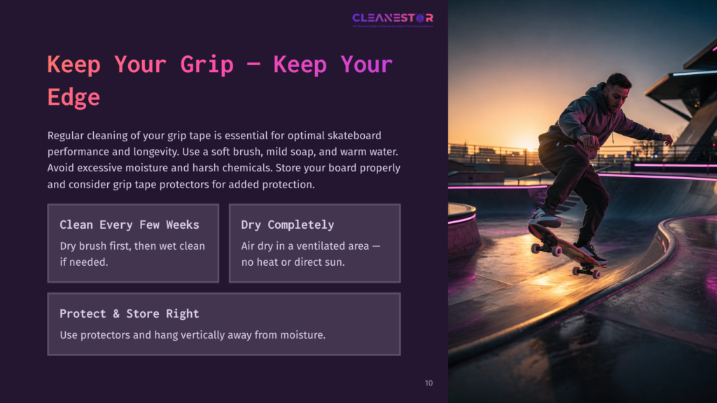 10 Keep Your Grip Keep Your Edge A Skateboarder In Mid-Air At A Skatepark During Sunset, With The Text &Quot;Cleanestor&Quot; And &Quot;Keep Your Grip – Keep Your Edge&Quot; Visible.