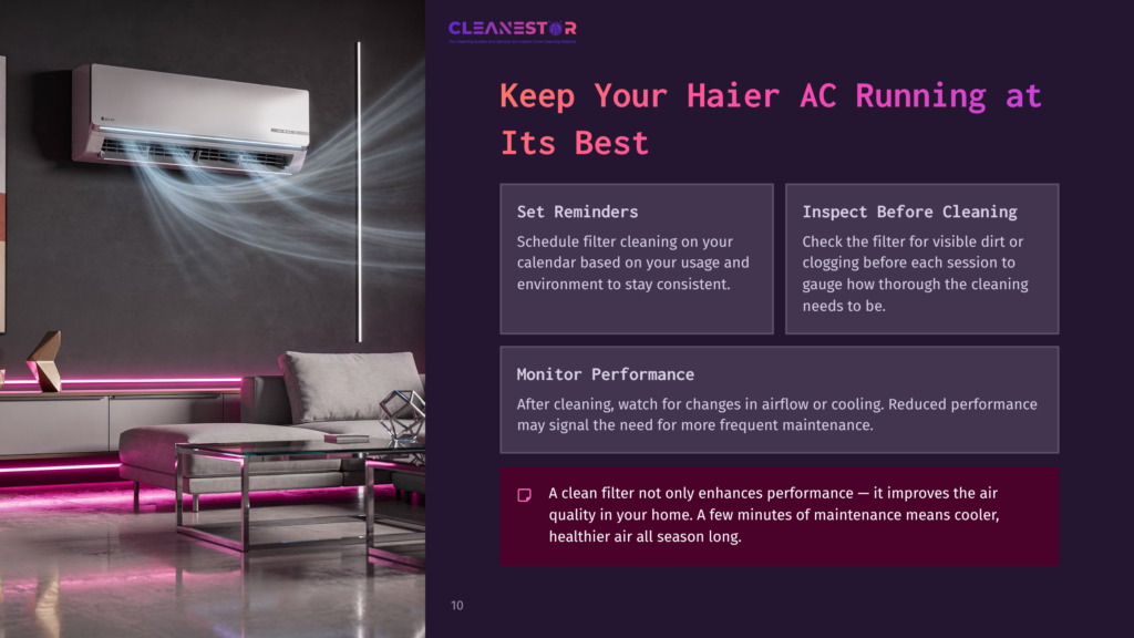 10 Keep Your Haier Ac Running At Its Best Haier Ac Unit With Blue Air Flow Streams, Text &Quot;Cleanestor&Quot; And &Quot;Keep Your Haier Ac Running At Its Best&Quot; With Tips For Maintenance.
