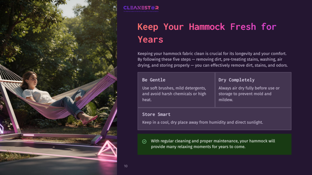 Cleanestor Logo And Text: &Quot;Keep Your Hammock Fresh For Years&Quot;. Woman Relaxing In A Hammock Outdoors.