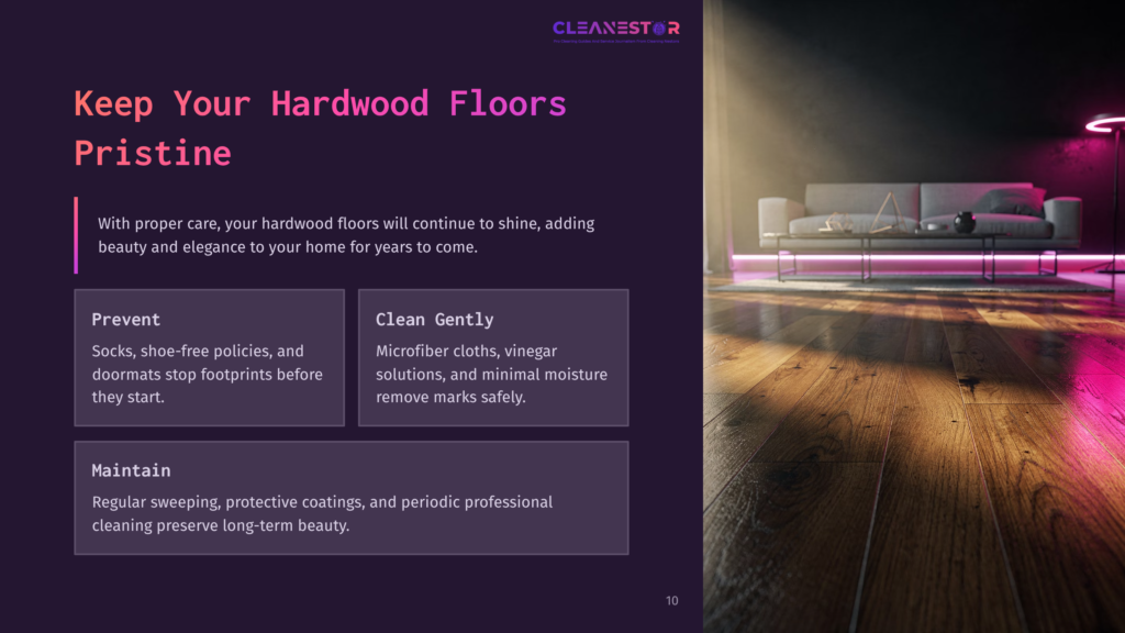 A Cozy, Well-Lit Room With Hardwood Floors, Showcasing A Sofa And A Vibrant Decor. Text Highlights Tips For Maintaining Clean Floors.
