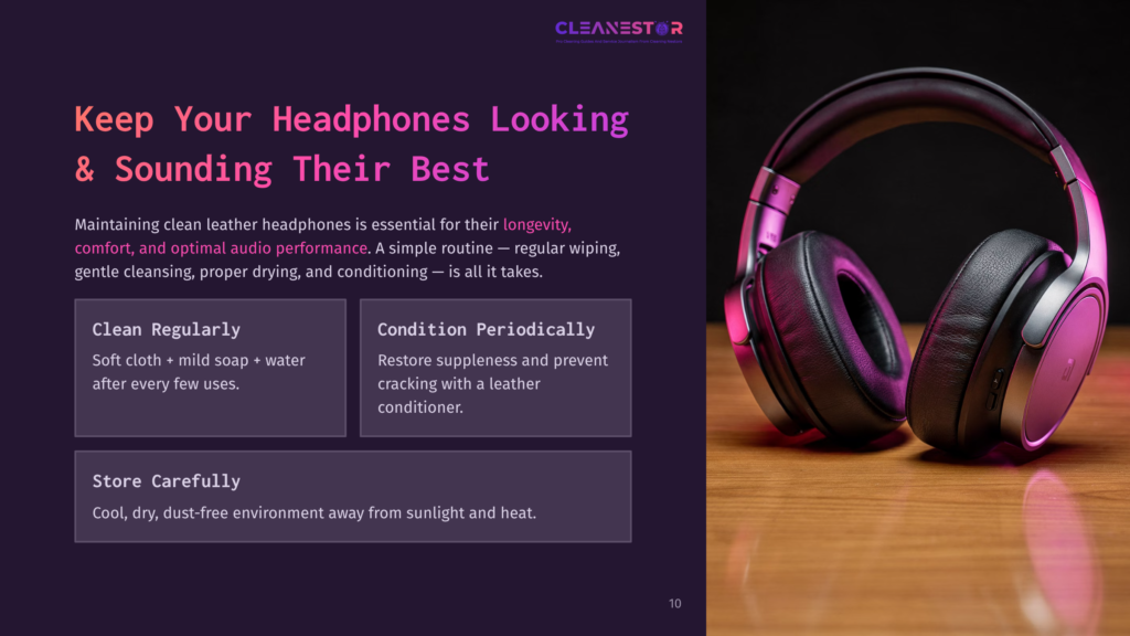 A Pair Of Black Leather Headphones With Pink And Purple Lighting Sit On A Wooden Table, With Text Overlaying The Left Side Of The Image About Keeping Headphones Clean And Sounding Their Best.
