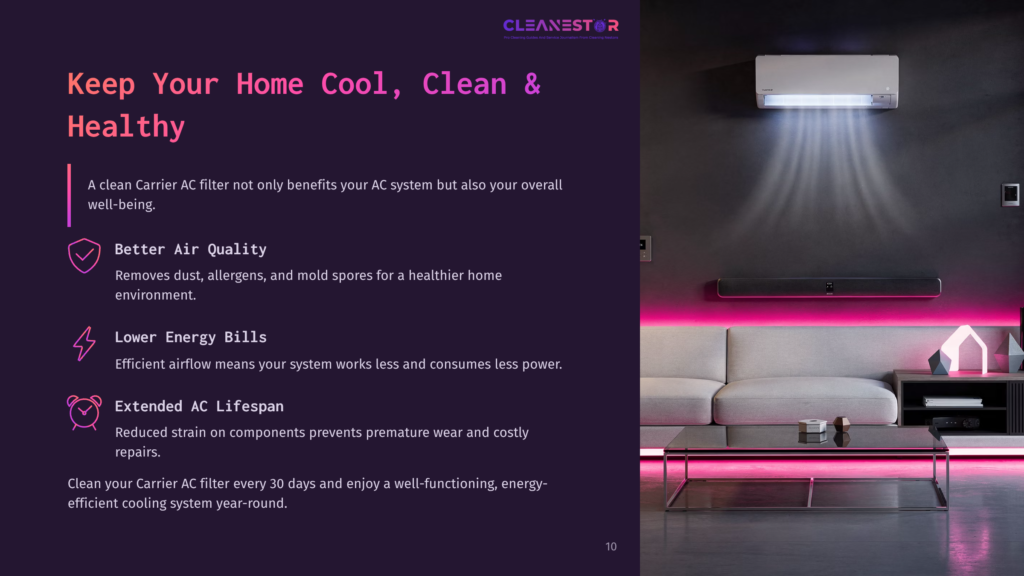 A Modern Living Room Featuring A Wall-Mounted Air Conditioner With Purple Accents, A Sleek Couch, And Ambient Lighting, Emphasizing Comfort And Health.