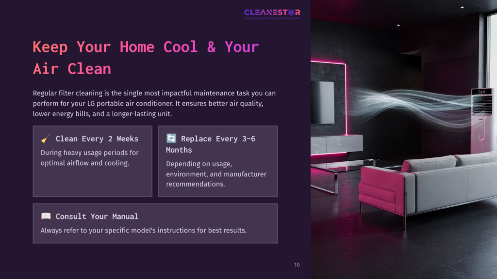10 Keep Your Home Cool And Your Air Clean A Modern Living Room With A Sleek Sofa And A Large Tv, Featuring A Glowing Pink Neon Light Accent And A Portable Air Conditioner Emitting A Visible Stream Of Clean Air, With Text Overlay Promoting &Quot;Cleanestor&Quot; And Air Conditioner Maintenance Tips.