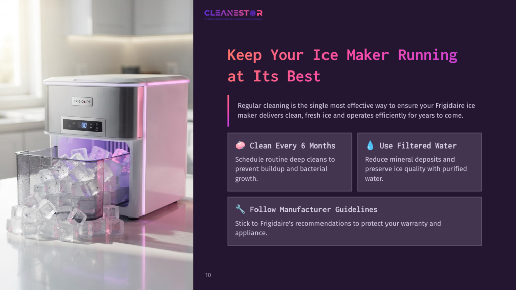 10 Keep Your Ice Maker Running At Its Best A Modern Frigidaire Ice Maker With A Clear Ice Bin Filled With Ice Sits On A Kitchen Counter, Illuminated By Soft Pink And Purple Led Lights. The Text &Quot;Cleanestor&Quot; Is Visible At The Top Of The Image.