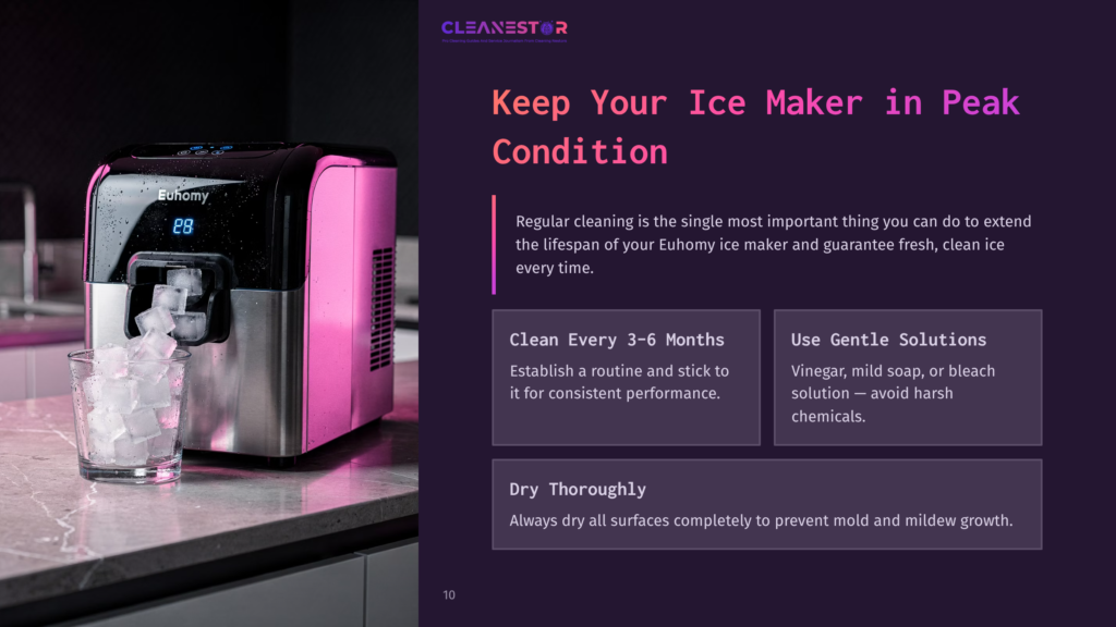 Euhomy Ice Maker In Black And Pink, Displaying Ice Cubes And A Digital Display, With Cleaning Tips In A Dark Purple Layout.