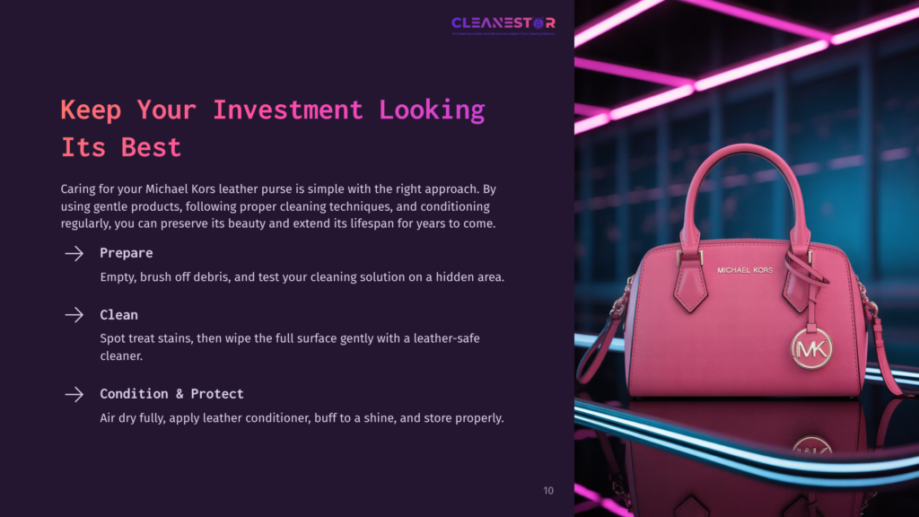 A Pink Michael Kors Leather Handbag With A Gold Mk Logo Charm Sits On A Reflective Surface With Neon Blue And Purple Lighting. Text On The Left Reads &Quot;Keep Your Investment Looking Its Best&Quot; And Provides Tips For Cleaning Leather Purses.