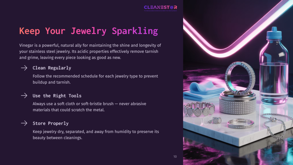 A Bottle Of Clear Liquid And Cleaning Supplies Sit Next To Sparkling Diamond Jewelry On A Marble Surface, With Neon Pink And Purple Lights In The Background.