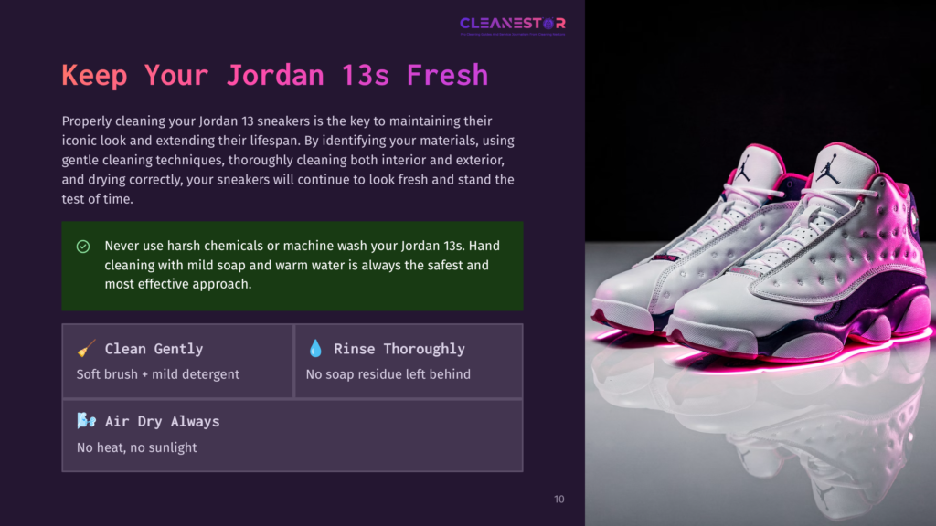 A Pair Of White And Purple Air Jordan 13 Sneakers With Pink Accents Sit On A Reflective Surface, Illuminated By Pink Neon Lights. Text On The Left Provides Cleaning Instructions For Jordan 13S.
