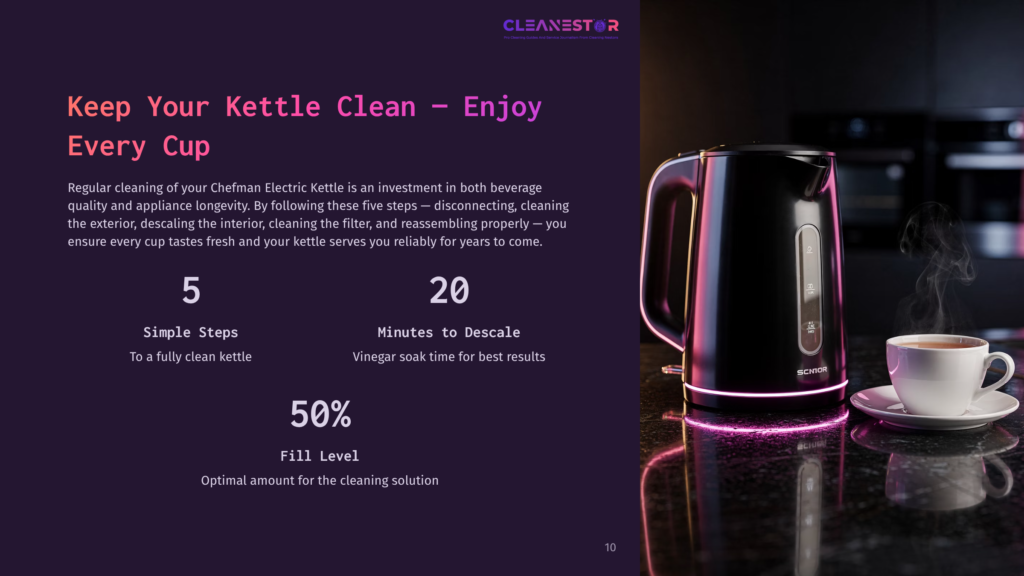 A Black Electric Kettle With A Pink Glow Sits On A Dark Countertop, Accompanied By Cleaning Tips In White Text On A Purple Background.