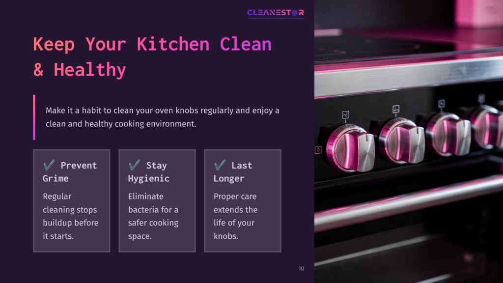 Close-Up Of Stainless Steel Oven Knobs With Pink Accents, Alongside A Visually Appealing Checklist Highlighting Cleaning Benefits.