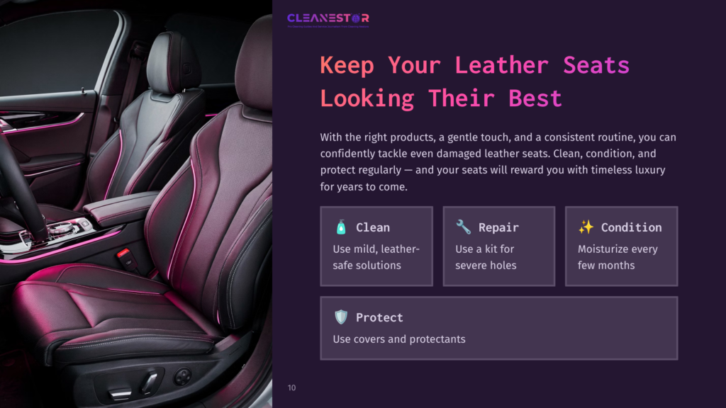 Interior Of A Modern Luxury Car With Black Leather Seats, Illuminated By Ambient Purple Lighting. Text Overlay Reads &Quot;Cleanestor&Quot; And &Quot;Keep Your Leather Seats Looking Their Best.