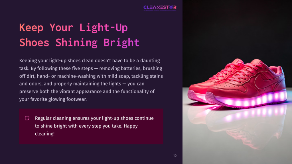 Bright Pink Light-Up Shoes With A Glowing Sole Are Shown, Next To A Checklist Bullet Point Emphasizing Regular Cleaning For Maintenance.