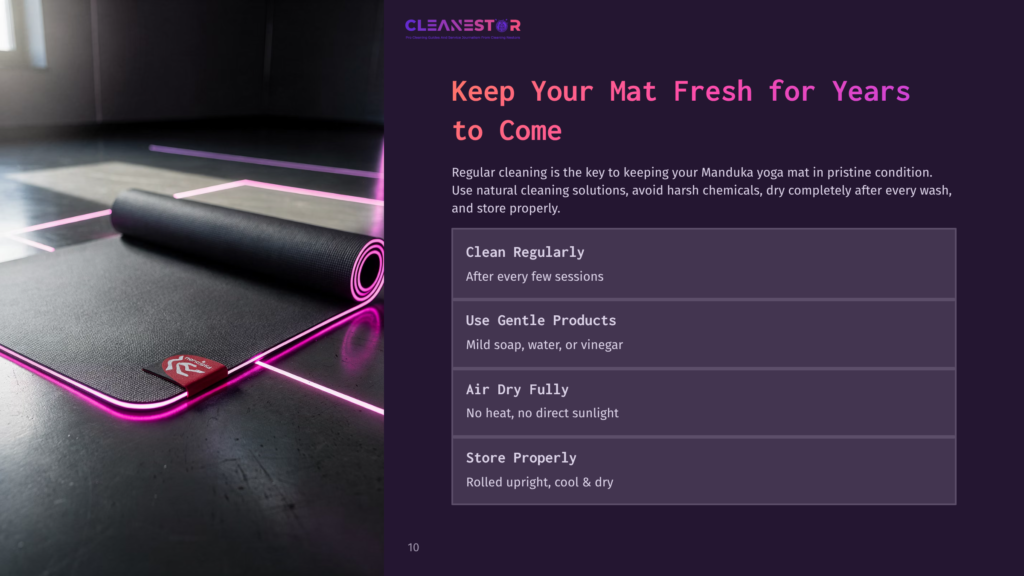 A Black Manduka Yoga Mat Rolled Up Against A Clean, Well-Lit Background With Purple Neon Highlights. Text Outlines Cleaning Tips.