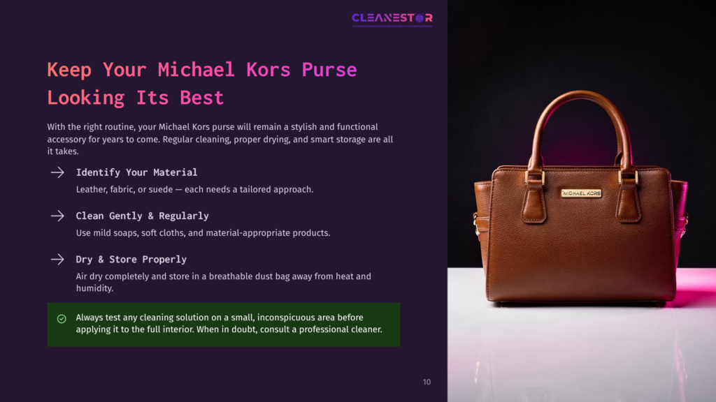 A Rich Brown Michael Kors Leather Handbag With Gold Hardware Sits On A Pink Illuminated Surface, With Text Overlay Detailing How To Care For A Michael Kors Purse.
