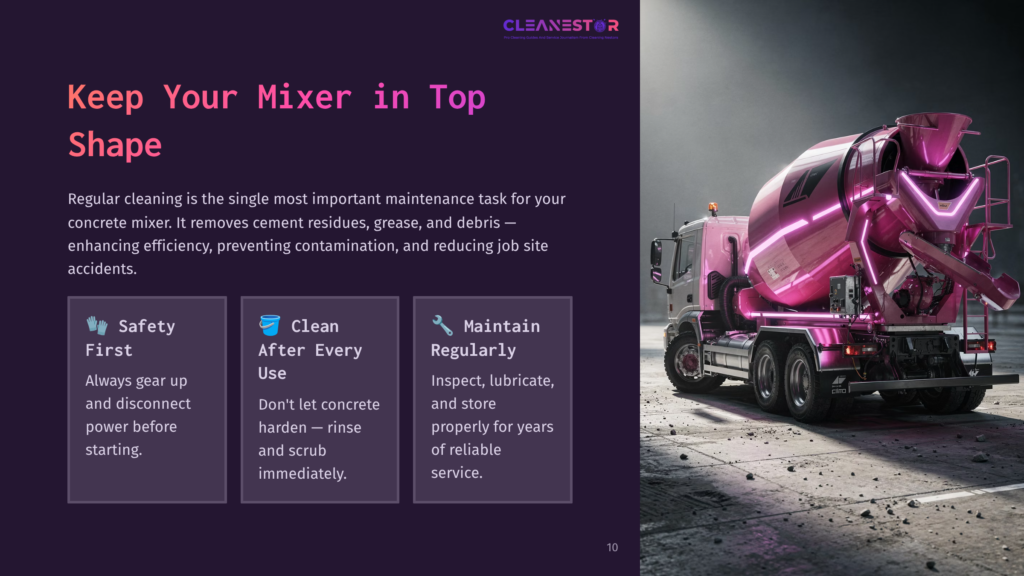 A Vibrant Pink Concrete Mixer Truck Parked On A Gritty, Industrial Lot, With Text Overlay Emphasizing &Quot;Keep Your Mixer In Top Shape&Quot; And Maintenance Tips.