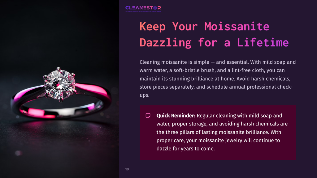 10 Keep Your Moissanite Dazzling For A Lifetime A Close-Up Of A Moissanite Ring On A Dark Surface, Showcasing A Sparkling Gemstone On A Pink Band, With Cleaning Tips Displayed Alongside.