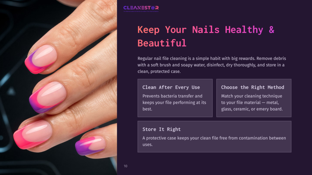 A Manicured Hand With Gradient Pink And Purple Nails Rests Beside A Soft Brush And A Nail File, Showcasing Nail Care Essentials.