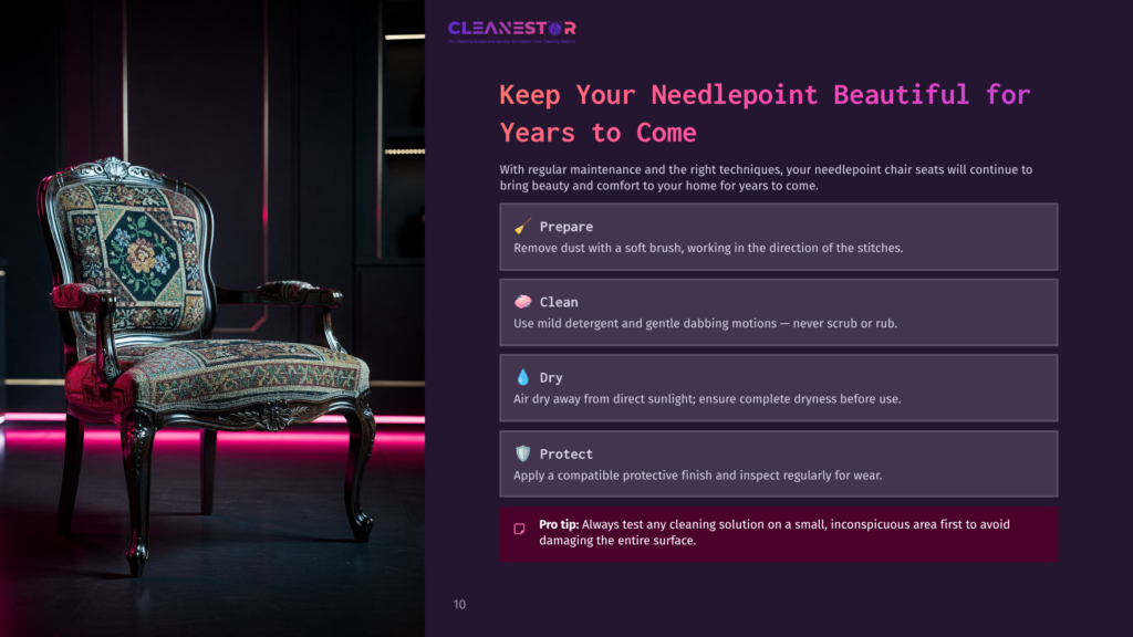 A Decorative Needlepoint Chair With Intricate Patterns, Set Against A Dark Background, Highlighted By Pink Lighting.