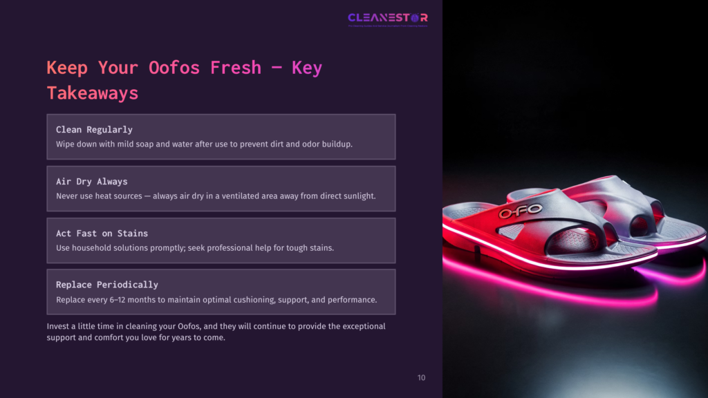 Slide Featuring Cleaning Tips For Oofos Sandals, With A Glowing Pair Of Sandals Displayed On The Right And Key Points Listed On The Left.