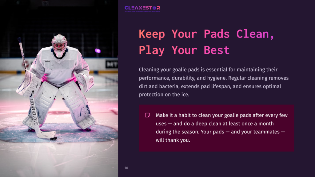 A Goalie In White Pads And Gear Stands In A Rink, Ready For Play, With Colorful Lighting Enhancing The Scene.