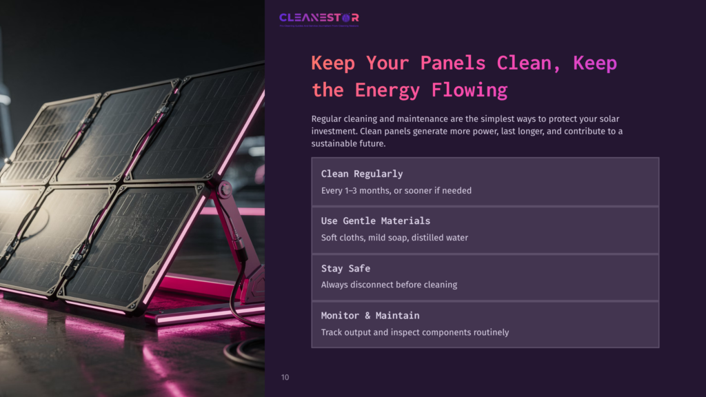 Close-Up Of A Modern Solar Panel Array With A Pinkish Glow, Reflecting On A Wet Surface. Text Overlay Reads &Quot;Cleanestor: Keep Your Panels Clean, Keep The Energy Flowing.