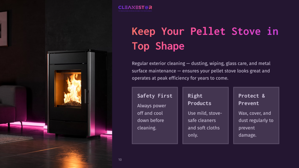 A Modern Black Pellet Stove With A Glowing Fire Inside, Set In A Stylish Room With Pink Ambient Lighting. Text Overlay Reads &Quot;Cleanestor&Quot; And &Quot;Keep Your Pellet Stove In Top Shape&Quot;.