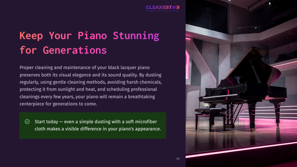 A Gleaming Black Grand Piano Sits Center Stage Under Soft Pink Lighting, With Its Bench In Front. The Text &Quot;Cleanestor&Quot; Is Visible At The Top.