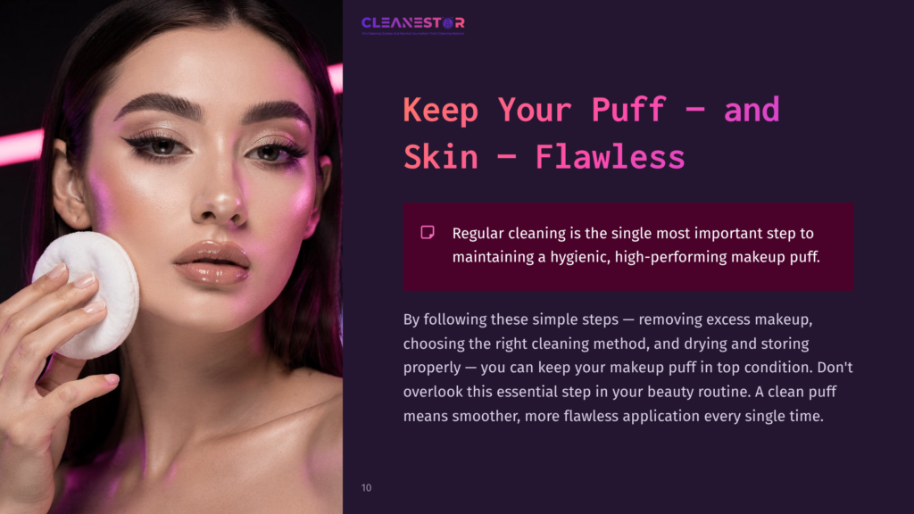 A Woman Applying Makeup Remover To A Puff, With Pink And Purple Lighting In The Background, Highlighting The Product'S Cleanliness And Application Tips.