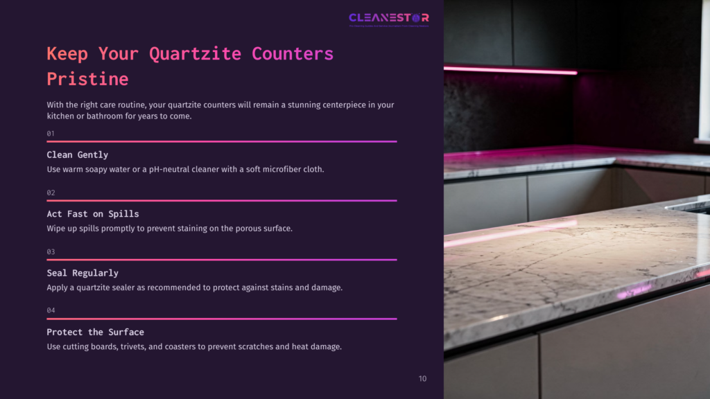 10 Keep Your Quartzite Counters Pristine A Modern Kitchen Features A Stunning Quartzite Countertop With Intricate Veining, Illuminated By Pink Led Under-Cabinet Lighting.