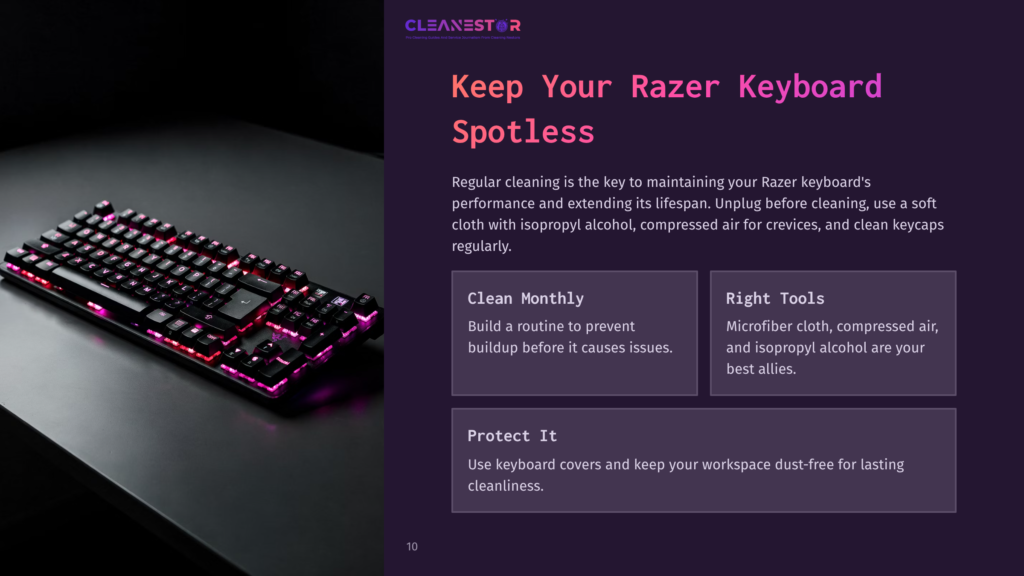A Black Razer Mechanical Keyboard With Rgb Backlighting Sits On A Dark Surface. Text Overlay Reads &Quot;Cleanestor&Quot; And &Quot;Keep Your Razer Keyboard Spotless&Quot;.