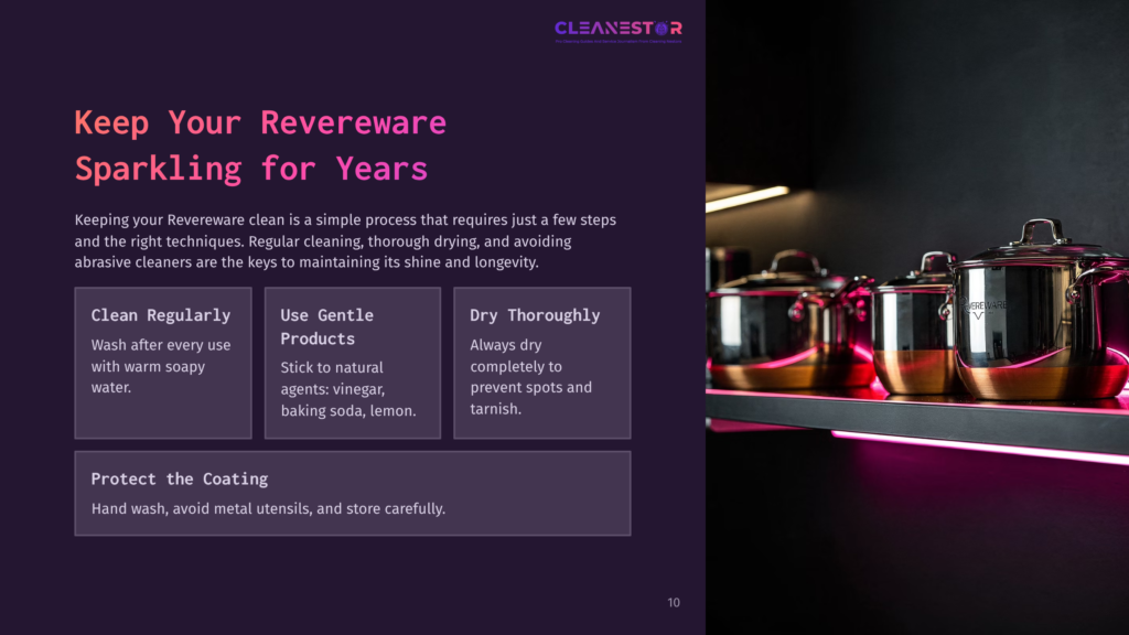 Three Gleaming Revereware Pots With Copper Bottoms Sit On A Dark Shelf, Illuminated By Purple Lighting, With Text Overlay About Keeping Revereware Sparkling.