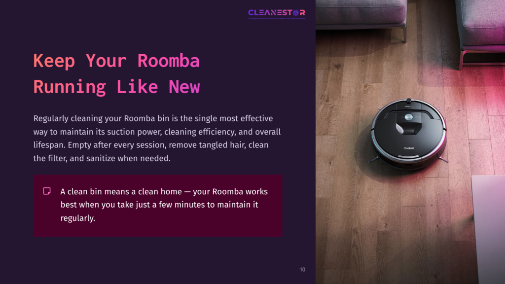 10 Keep Your Roomba Running Like New A Robot Vacuum Sits On A Hardwood Floor Beside A Purple Background With Cleaning Tips, Emphasizing Regular Maintenance For Optimal Performance.