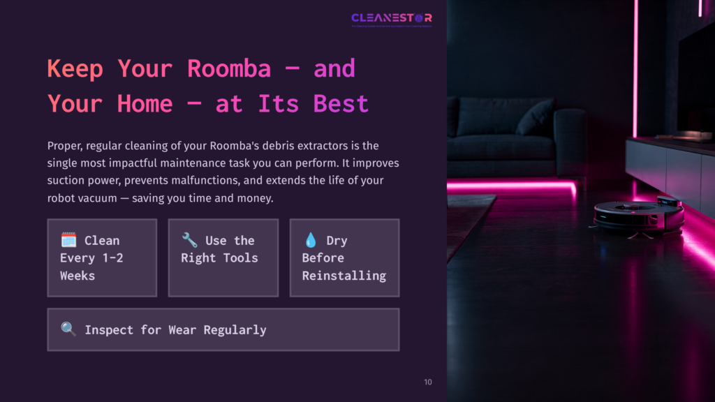 Infographic With Text &Quot;Keep Your Roomba And Your Home - At Its Best&Quot; And Icons For Cleaning, Tool Use, And Dry Reinstallation, Next To A Roomba Vacuum On A Neon-Lit Floor.