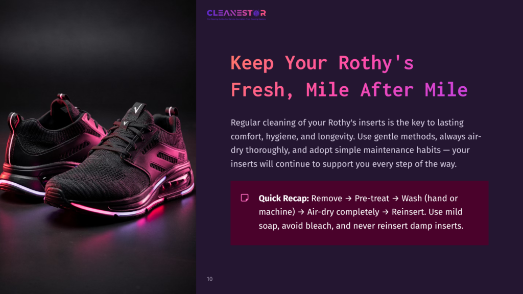 Black Athletic Shoes With A Pink Glow, Placed Beside A Clean, Dark Background. Text Outlines Cleaning Tips For Shoe Inserts.