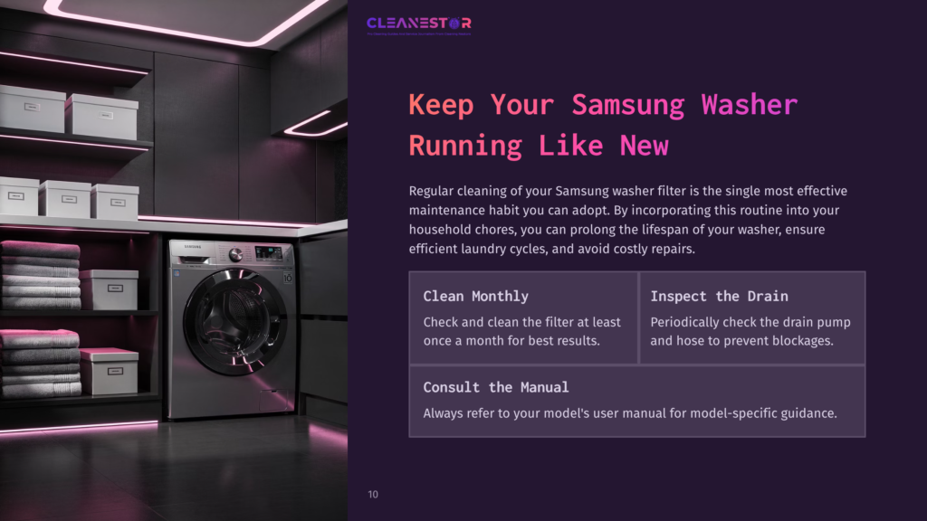 A Modern Laundry Room Featuring A Samsung Washer, Neatly Stacked Towels, And Shelves With Vibrant Purple Accents, Emphasizing Cleanliness.