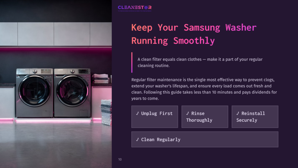 A Modern Laundry Room Featuring A Samsung Washer And Dryer With A Sleek Design, Illuminated By Pink Ambient Lighting, Alongside Maintenance Tips.